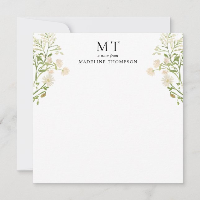 White Floral Wildflower Classic Monogram Square Note Card (Front)