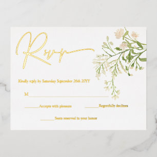 White Floral Wildflowers Botanical RSVP Cards Gold