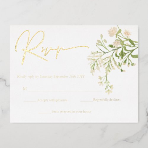 White Floral Wildflowers Botanical RSVP Cards Gold