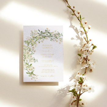 White Floral Wildflowers Botanical Wedding Gold Foil Invitation by rusticwedding at Zazzle