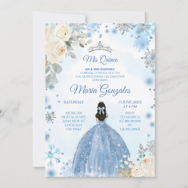White Floral & Winter Blue Mis Quince Invite (Front)