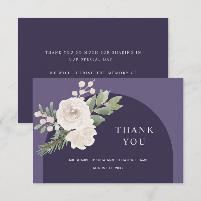 White Floral Winter Botanical Purple Wedding Thank You Card (Front/Back)