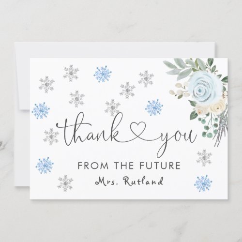 White Floral Winter Bridal Shower Snowflakes Thank You Card
