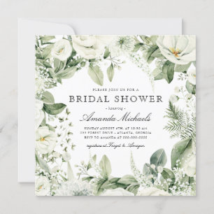 White Floral Winter Greenery Rustic Bridal Shower Invitation