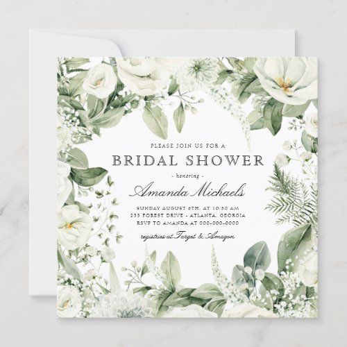 White Floral Winter Greenery Rustic Bridal Shower Invitation
