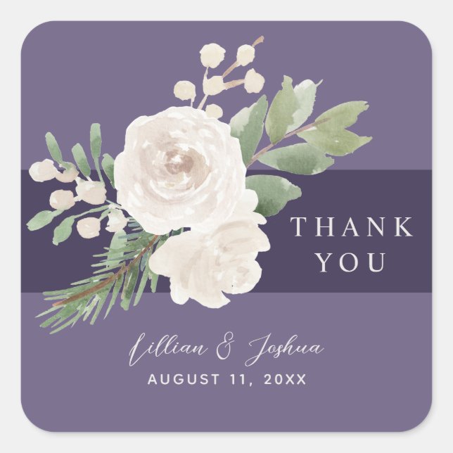 White Floral Winter Greenery Wedding Thank You Square Sticker (Front)