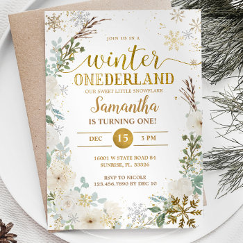 White Floral Winter Onderland 1st Birthday  Invitation by HappyPartyStudio at Zazzle