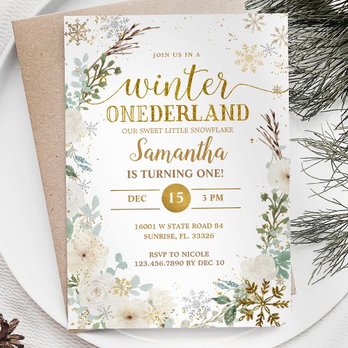 White Floral Winter Onderland 1st Birthday  Invitation