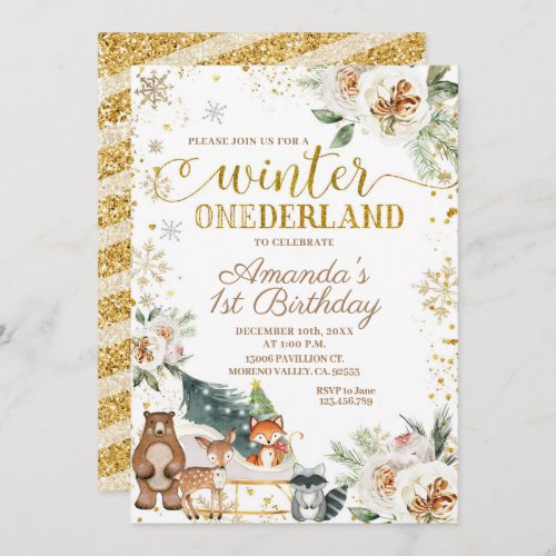 White Floral Winter Onederland Birthday Invitation