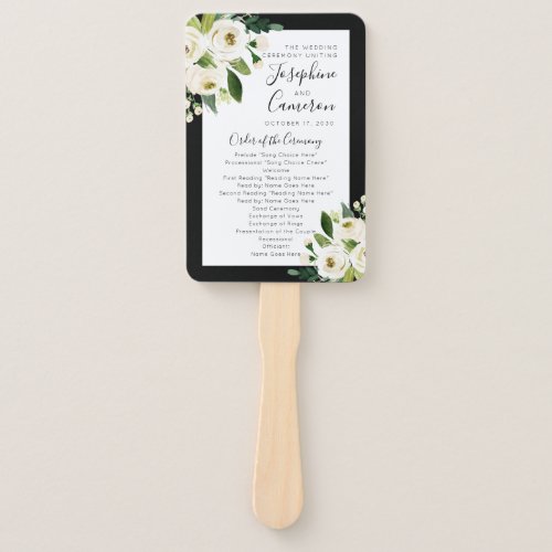 White Floral with Black Wedding Ceremony Program Hand Fan