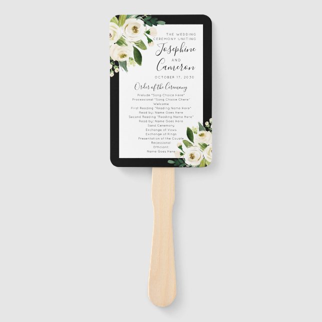 White Floral with Black Wedding Ceremony Program Hand Fan (Front)