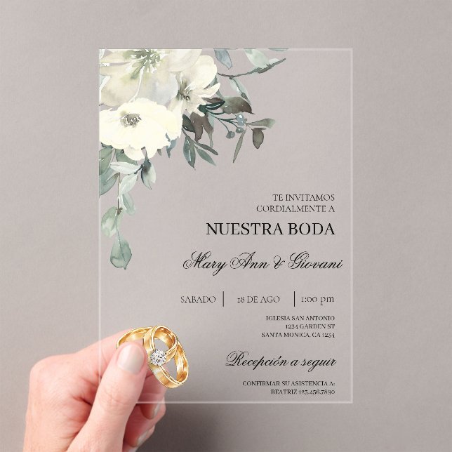 White Floral with gold ring Spanish Wedding Acrylic Invitations (Insitu (Handheld))
