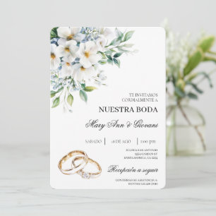 White Floral with gold ring Spanish Wedding Invitation