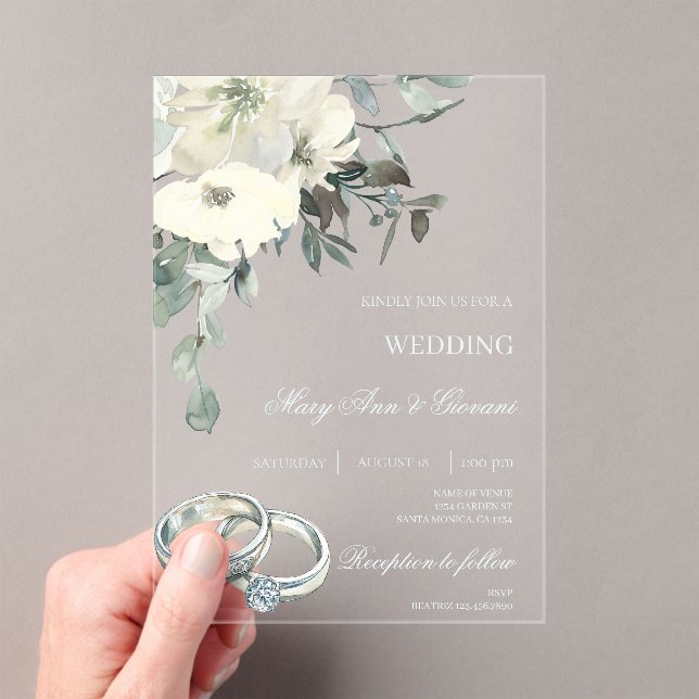 White Floral with gold ring Wedding Acrylic Invitations (Insitu (Handheld))