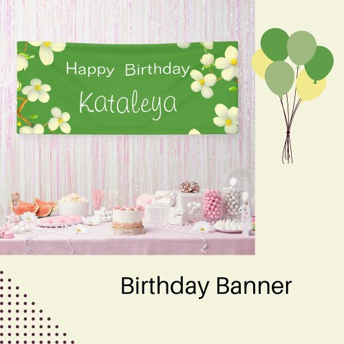 White Floral with green background birthday  Banner