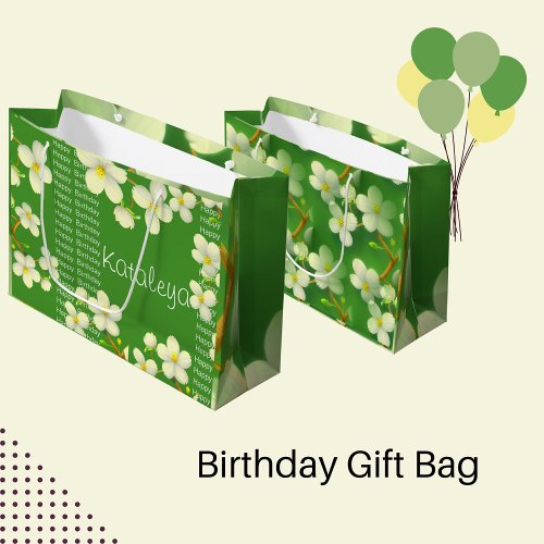 White Floral with green background birthday  Large Gift Bag