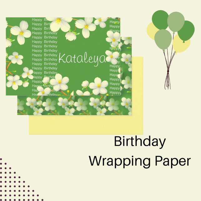 White Floral with green background birthday  Wrapping Paper Sheets (Creator Uploaded)