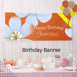 White Floral with orange background birthday Banner