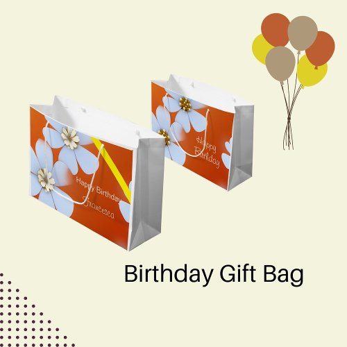 White Floral with orange background birthday    Large Gift Bag