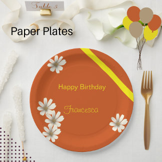 White Floral with orange background birthday    Paper Plates
