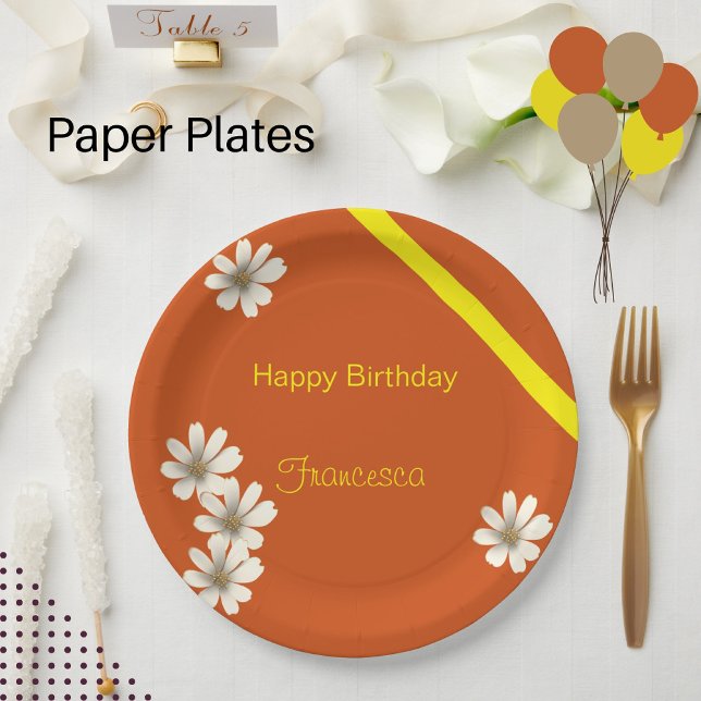 White Floral with orange background birthday    Paper Plates (Creator Uploaded)