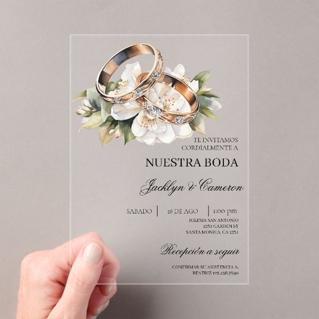 White Floral with ring Spanish Wedding acrylic Invitations (Insitu (Handheld))