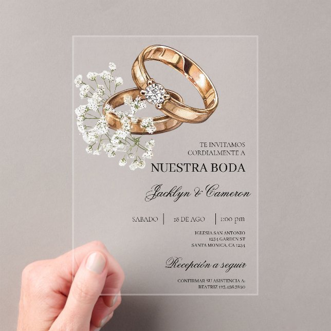 White Floral with ring Spanish Wedding Acrylic Invitations (Insitu (Handheld))