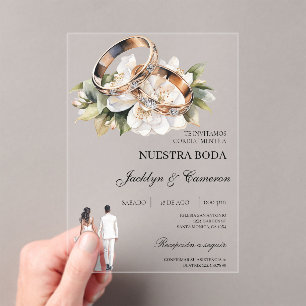 White Floral with ring Spanish Wedding Acrylic Invitations