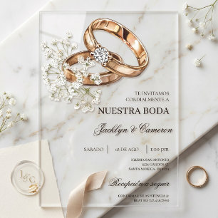 White Floral with ring Spanish Wedding Acrylic Invitations