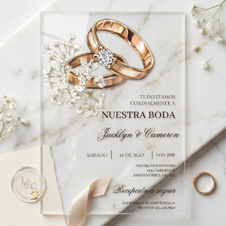 White Floral with ring Spanish Wedding Acrylic Invitations