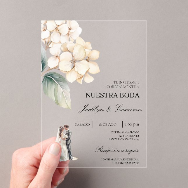 White Floral with ring Spanish Wedding Acrylic Invitations (Insitu (Handheld))
