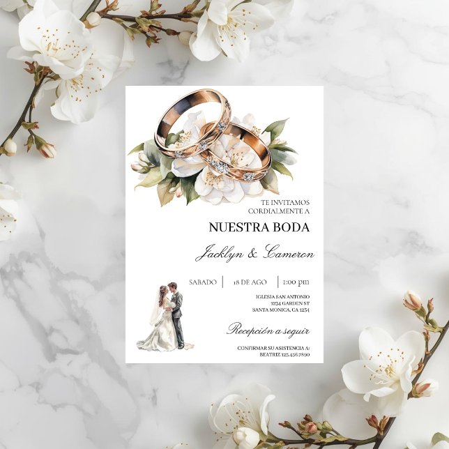 White Floral with ring Spanish Wedding Invitation (Creator Uploaded)