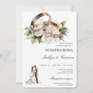White Floral with ring Spanish Wedding Invitation