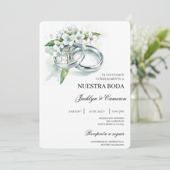 White Floral with ring Spanish Wedding Invitation (Standing Front)