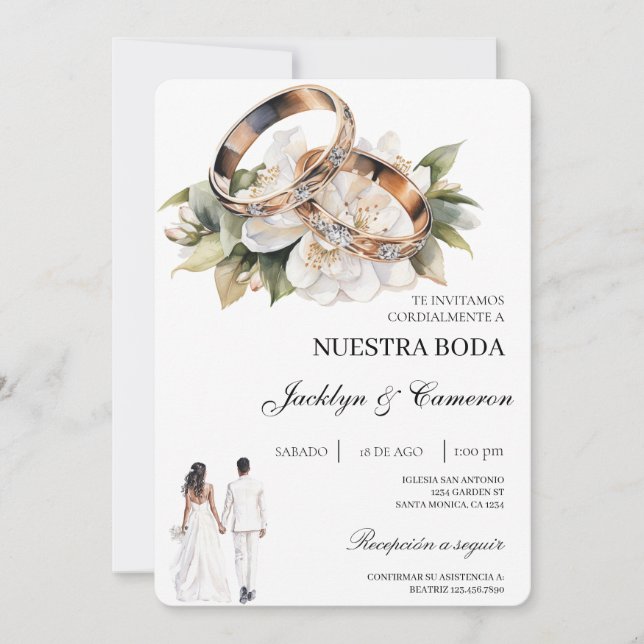 White Floral with ring Spanish Wedding Invitation (Front)