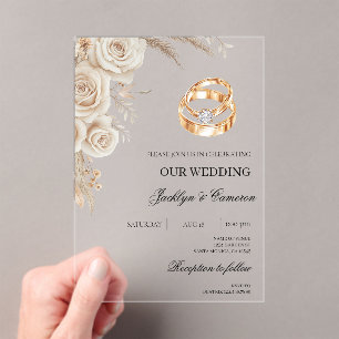 White Floral with ring Wedding Acrylic Invitations