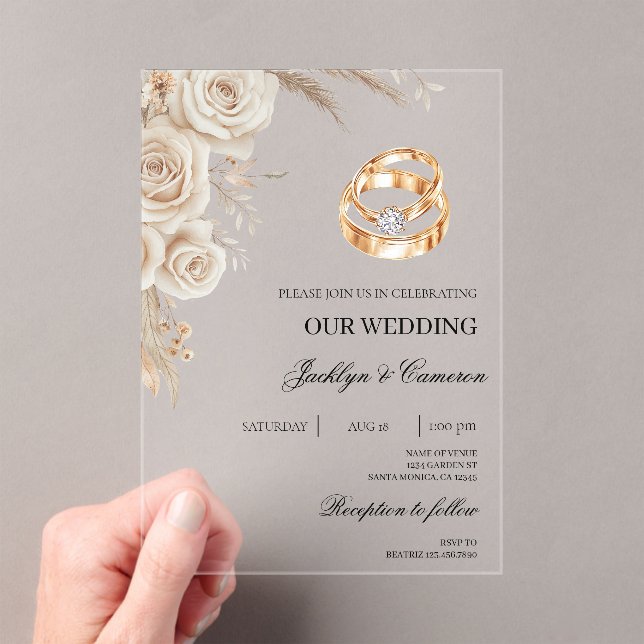 White Floral with ring Wedding Acrylic Invitations (Insitu (Handheld))