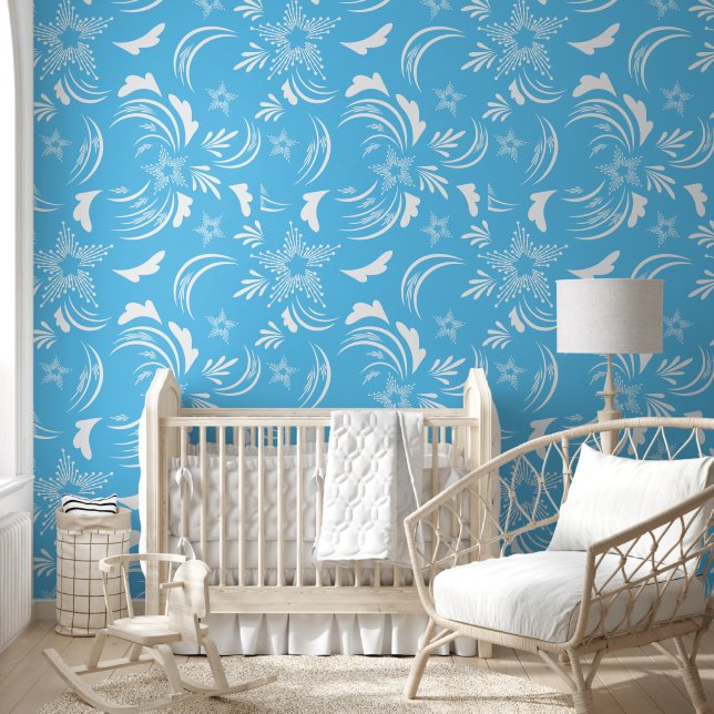 White Floral with Sky Blue Background Wallpaper (Kids)