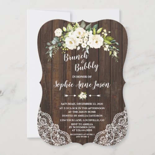 White Floral Wood Brunch and Bubbly Bridal Shower Invitation