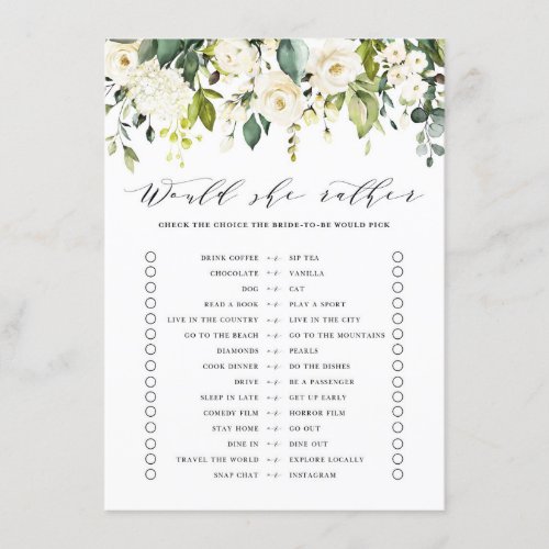White Floral Would She Rather Bridal Shower Game Enclosure Card