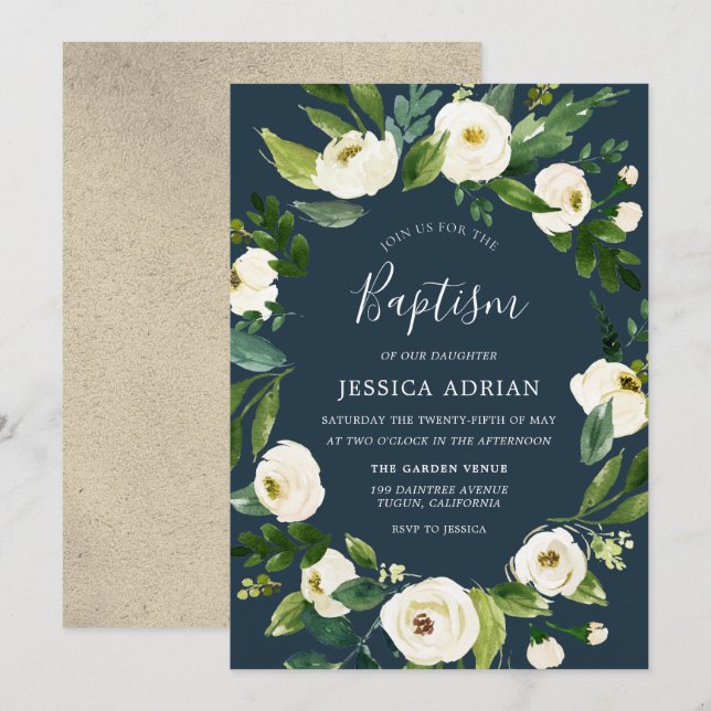 White Floral Wreath Baptism Christening Invite (Front/Back)
