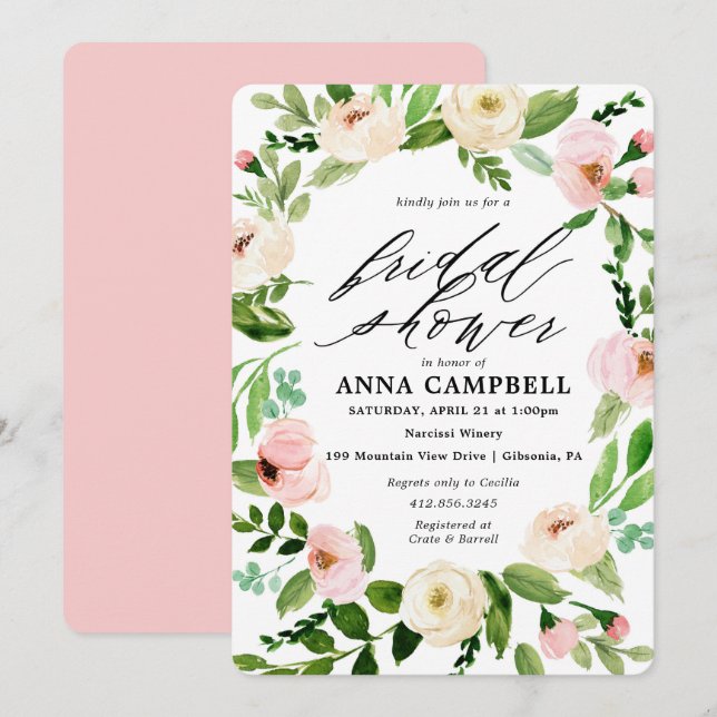 White Floral Wreath Bridal Shower Invitation (Front/Back)