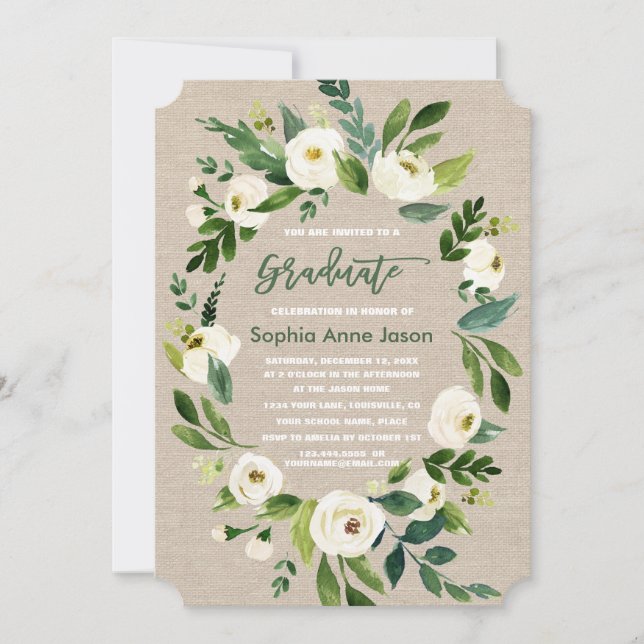 White Floral Wreath Burlap Handwriting GRADUATION Invitation (Front)