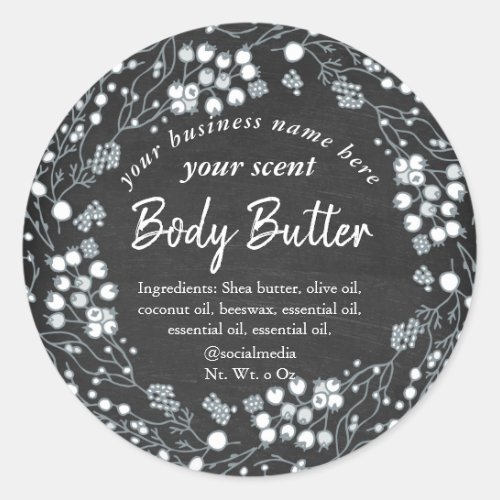 White floral wreath chalkboard body butter classic round sticker