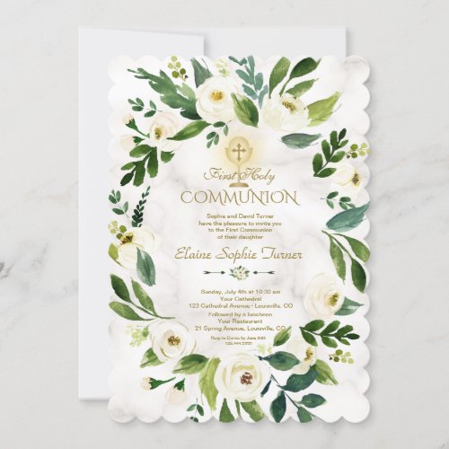 White Floral Wreath Cross Marble Holy Communion Invitation