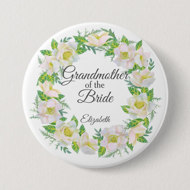 White Floral Wreath Grandmother of the Bride Button (Front)