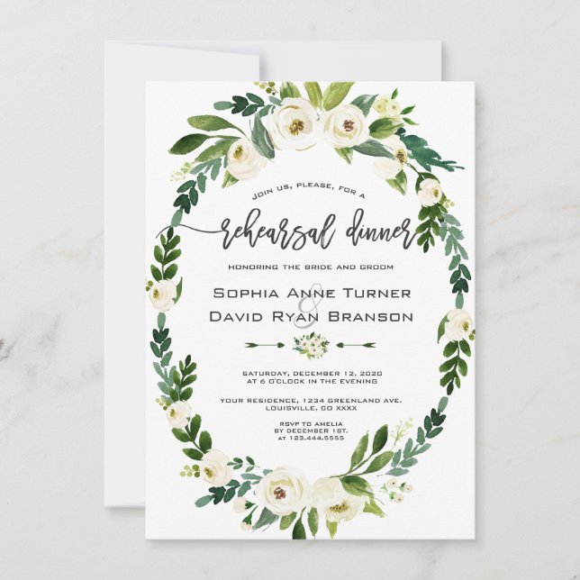 White Floral Wreath Handwriting Rehearsal Dinner Invitation (Front)