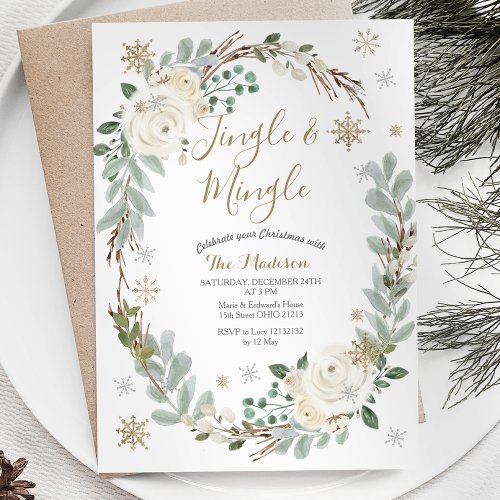 White Floral Wreath Jingle  Mingle Winter Invitation