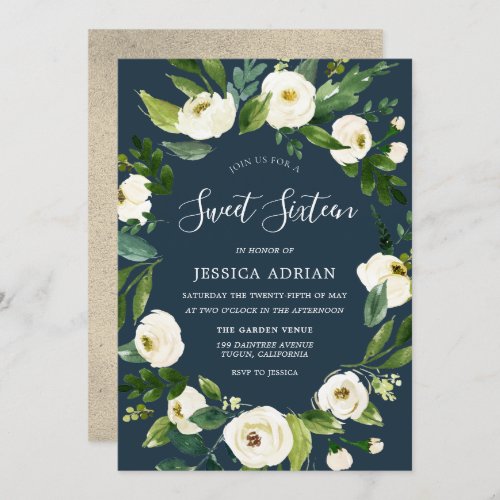 White Floral Wreath Modern Sweet 16 Party Invite