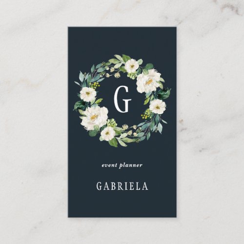 White Floral Wreath Monogram Business Card